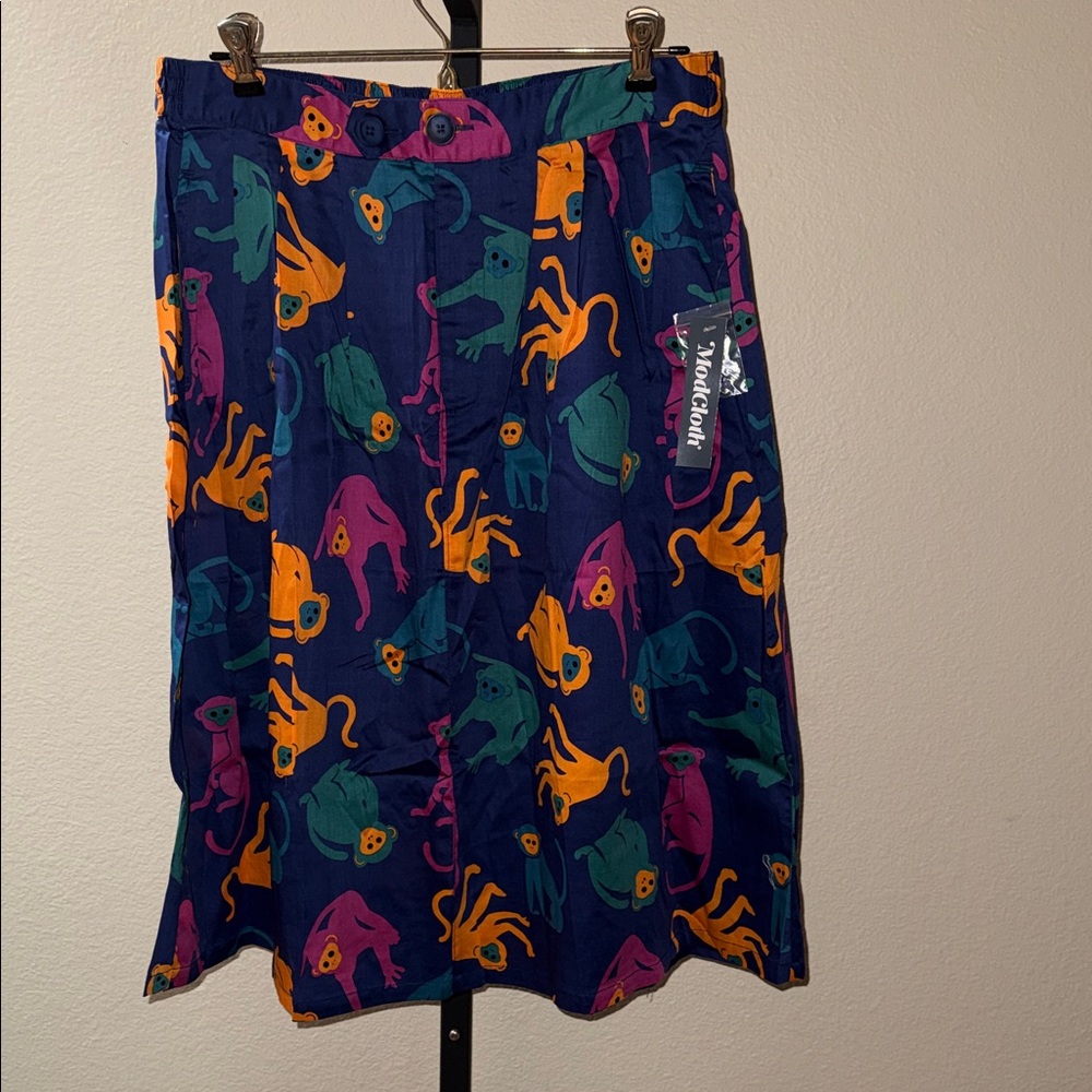 NWT ModCloth Blue A-Line Skirt with Colorful Monkey Animal Print Women’s Size L